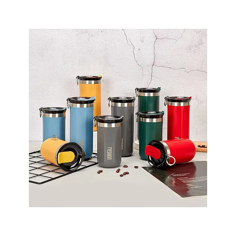 Plastic Flip Lid Stainless Steel Mug With Carabiner
